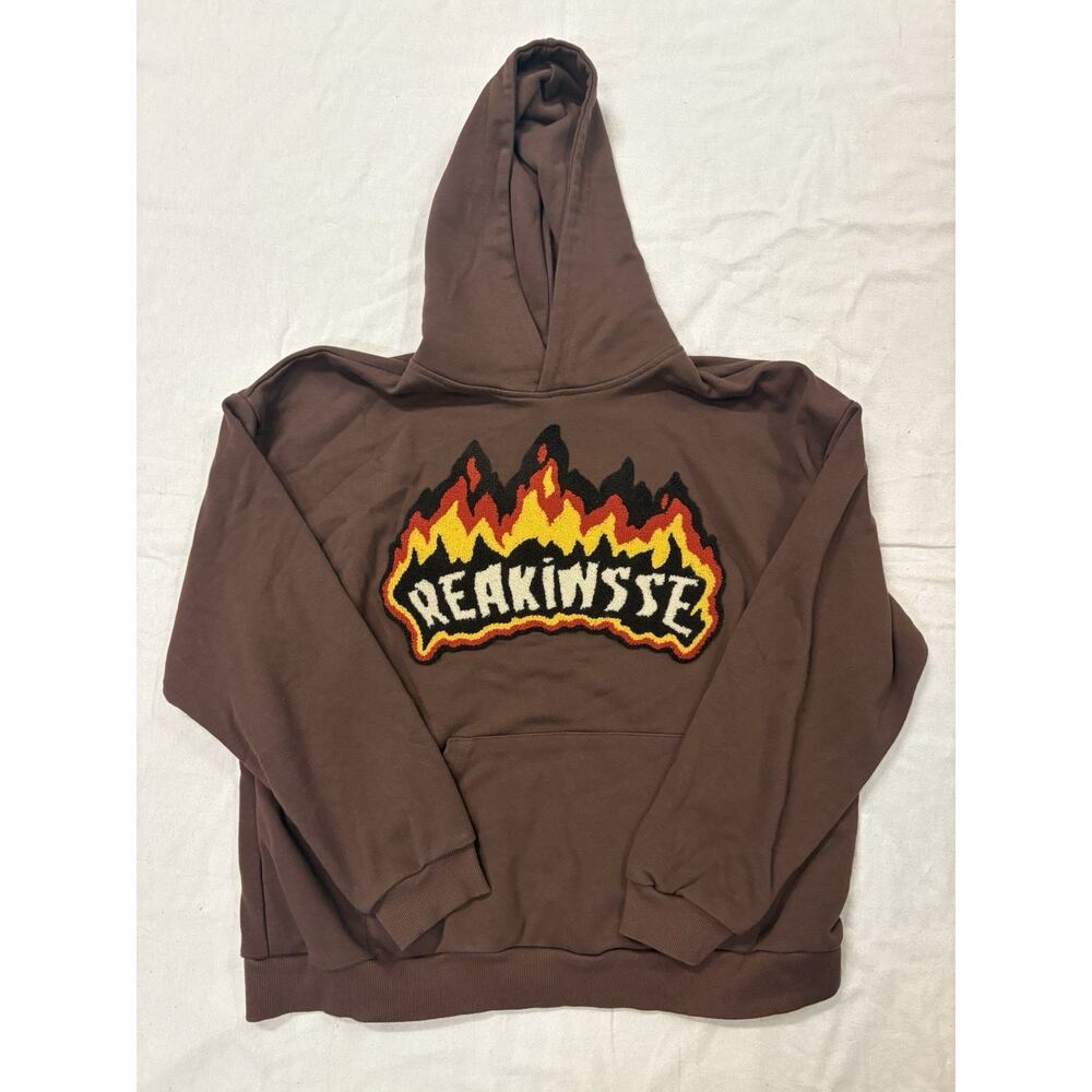 Aelfric Eden Vintage Embroidery Hoodie Brown Flame Logo Pullover Large